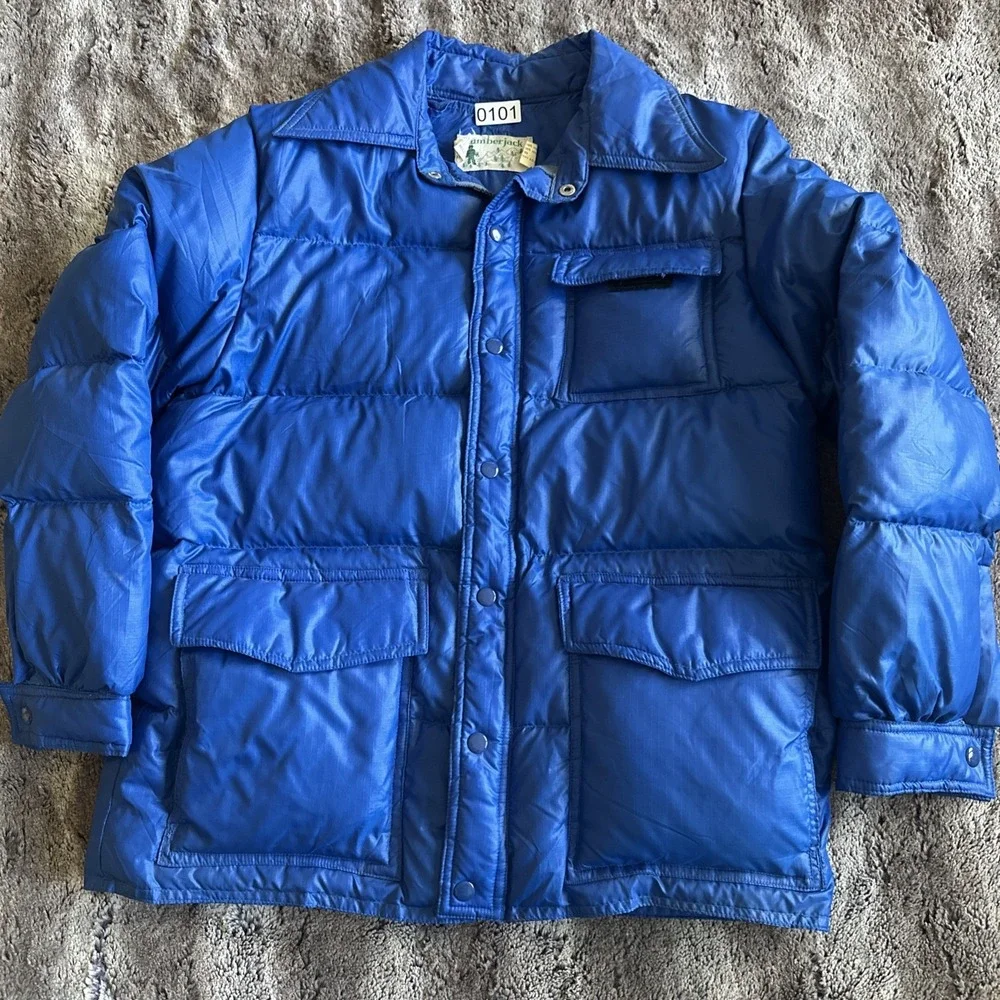 Vintage Packable Quilted Goose Down Men's Jacket Blue Outdoors Snow Small